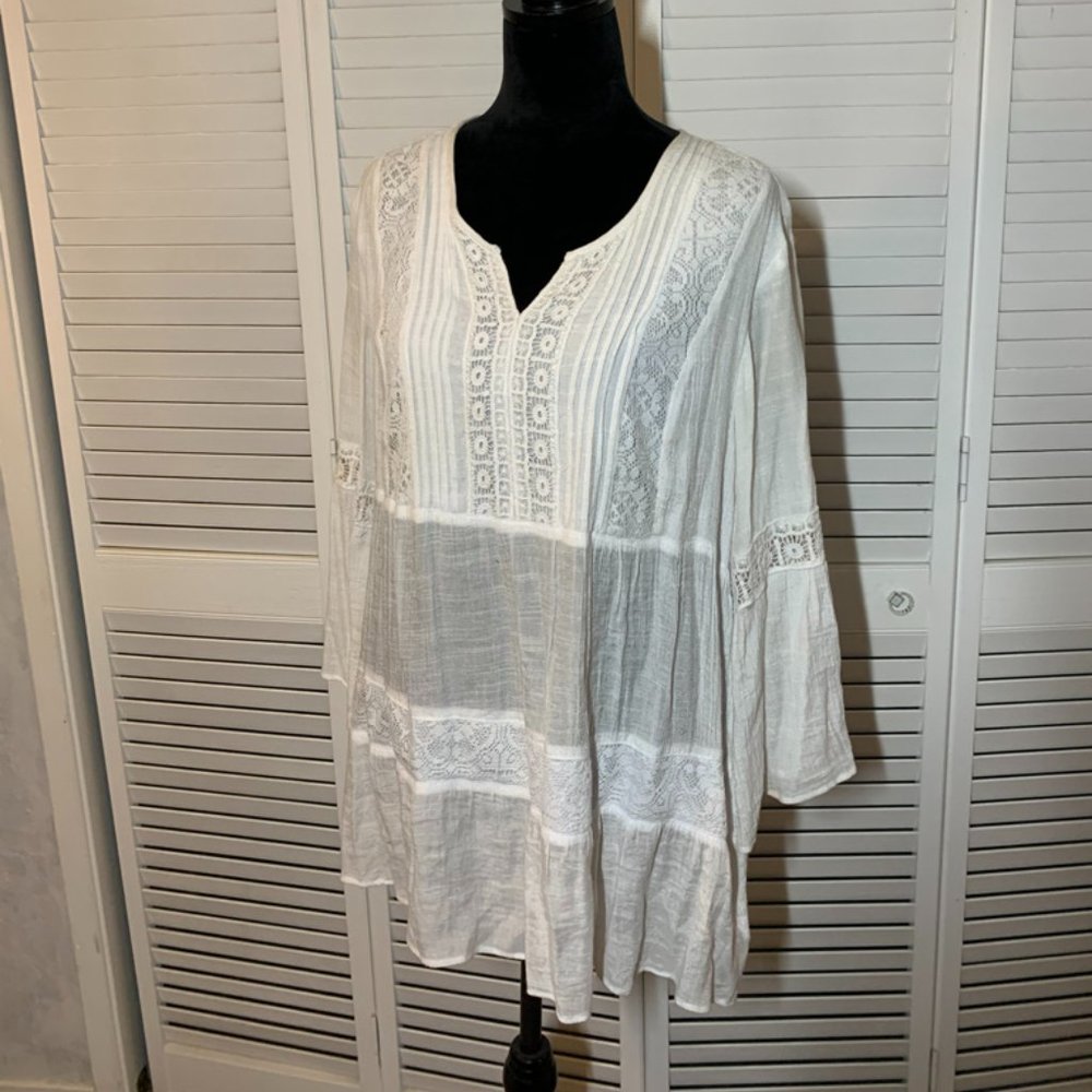 Style & Co. Sheer White Boho Top with Bell Sleeves